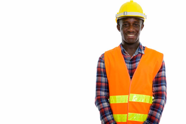 istock Studio shot of young happy black African man construction worker smiling 671124770