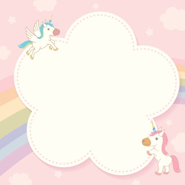 unicorn notepad Illustration vector of cute unicorn decorated with rainbow and pink pastel sky background design for memo notepad template. little cute cartoon fantasy unicorn stock illustrations