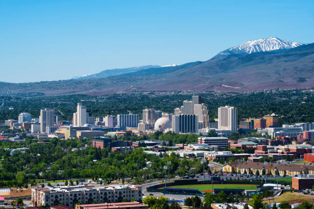 Aeial view of Reno, Nevada Reno, USA - May 31, 2016: Reno, known as The Biggest Little City in the World, is famous for it's casinos, and is the birthplace of the gaming corporation Harrah's Entertainment. nevada photos stock pictures, royalty-free photos & images