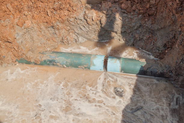 istock repair the plumbing broken pipe and water flow in hole. 671152756