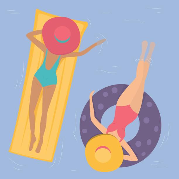 Women in hats swim in the pool. Women in hats and bikinis swimming in the pool on a rubber ring and a mattress. The view from the top polka dot bathing suit stock illustrations