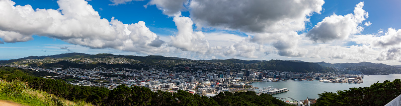 Elevated panorama of Wellington New Zealand taken from the top of Mount Victoria