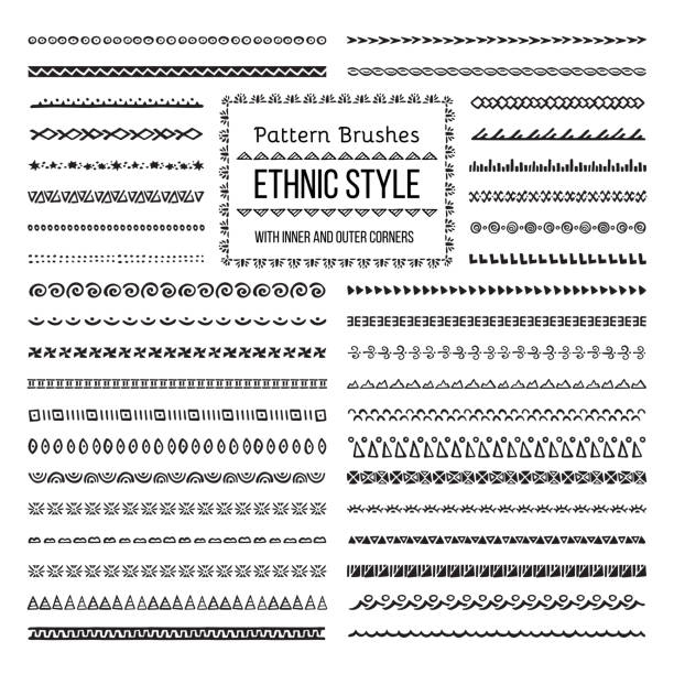 Ethnic Style Pattern Brushes Set Set of Vector Pattern Brushes with Outer and Inner Corner Tiles. Easy color change. Perfect to create borders, frames, dividers. Hand drawn design elements. tiki stock illustrations