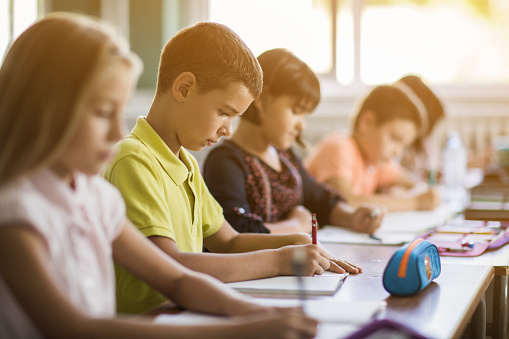 Group Of Elementary Students Learning In The Classroom Stock Photo ...