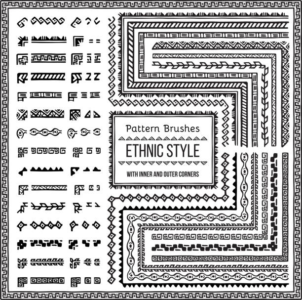 Ethnic Style Pattern Brushes Set Set of Vector Pattern Brushes with Outer and Inner Corner Tiles. Easy color change. Perfect to create borders, frames, dividers. Hand drawn design elements. aztec civilization stock illustrations