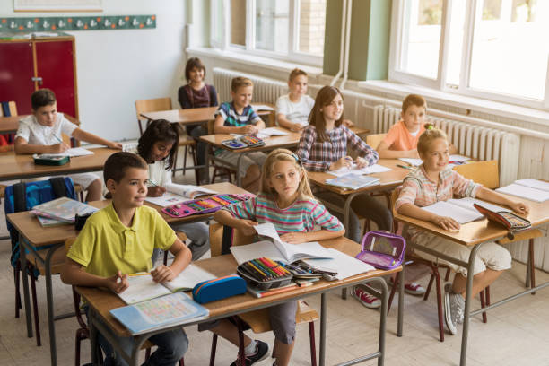 istock Group of elementary students during the lecture in the classroom. 671176712