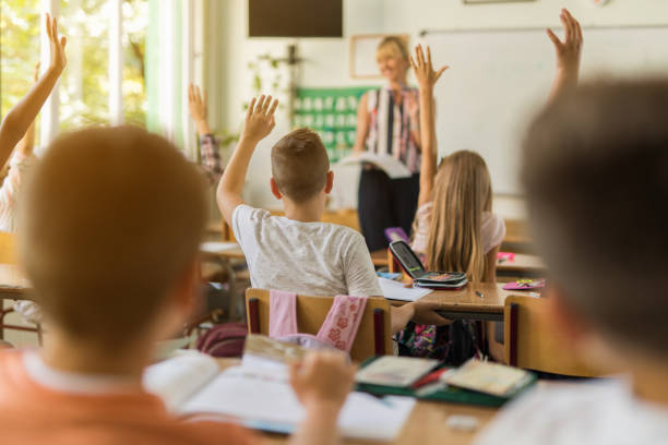 istock Back view of schoolboy and his classmates with raised hands. 671179660