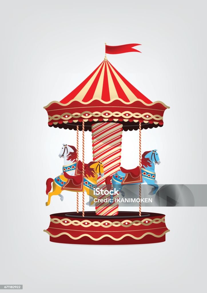 Realistische vintage carrousel met blauwe, oranje en witte paarden. - Royalty-free Draaimolen vectorkunst
