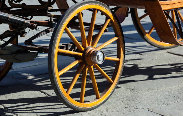 istock Yellow wheel olden horse carriage 671203150
