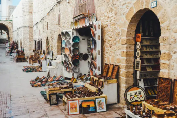 Market stalls  on streets of  Essaouira, Morocco
