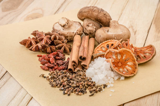 Chinese spices, herb and ingredients for cooking soup or medincine stock photo