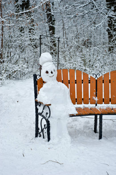 istock Snowman is sitting on the bench 671231316