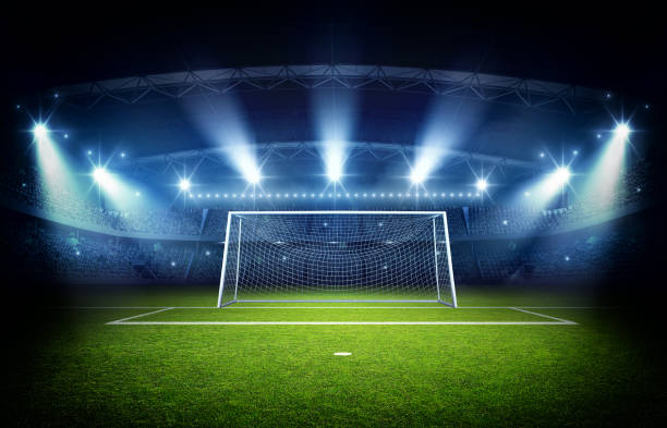 stadio e palo gol, rendering 3d - rete di calcio attrezzatura sportiva foto e immagini stock