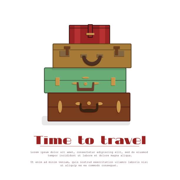 ilustrações de stock, clip art, desenhos animados e ícones de stack of old shabby suitcases for travel agency, hotel banner, card - suitcase label old old fashioned