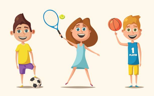 illustrazioni stock, clip art, cartoni animati e icone di tendenza di piccoli giocatori di basket, tennis e calcio. illustrazione vettoriale dei cartoni animati - tennis child teenager childhood