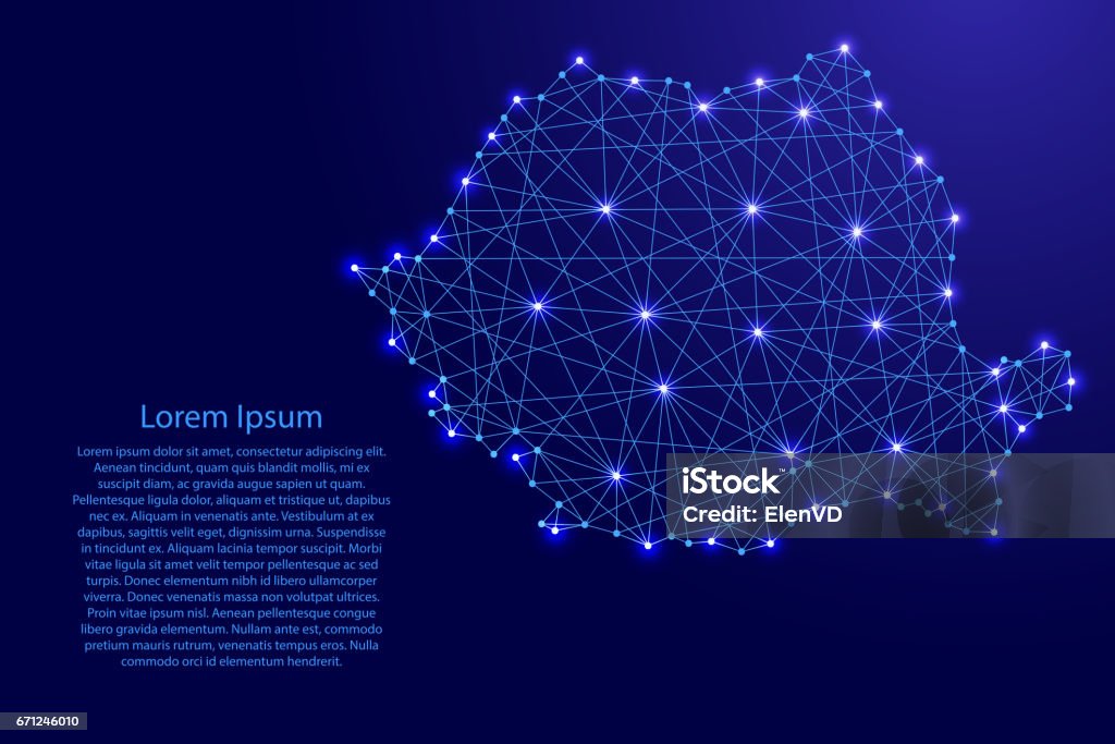 Map of Romania from polygonal blue lines and glowing stars vector illustration Romania stock vector