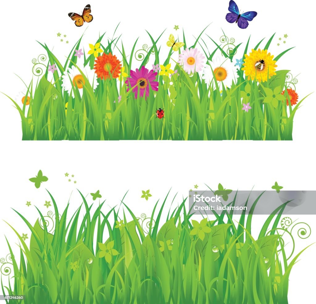 Ilustración de Hierba Verde Con Flores E Insectos y más Vectores Libres de  Derechos de Prado - Prado, Flor, Viñeta - iStock