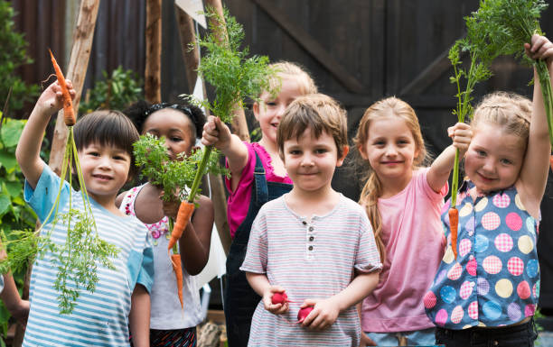 groupe d’enfants de maternelle apprenant le jardinage à l’extérieur - science education school offspring photos et images de collection