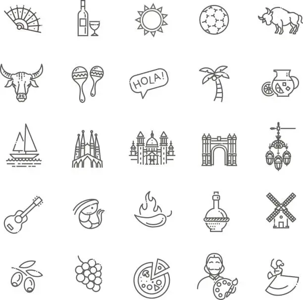 Vector illustration of Spain outlined icon set