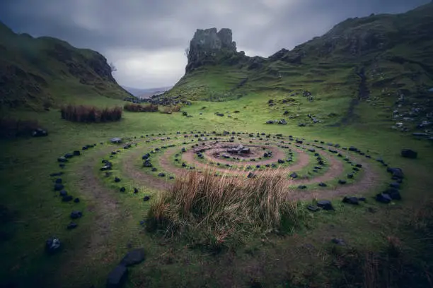 The Fairy Glen, near Uig (Walkhighlands), Isle of Skye, Scotland, UK. A bizarre and delightful miniature landscape of grassy, cone-shaped hills on the Isle of Skye. 
