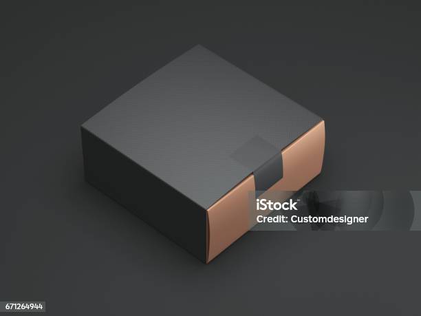 Black Gold Box With Black Sticker And Cover Stock Photo - Download Image Now - Packaging, Design, Gift Box