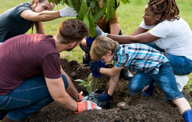 Group of environmental conservation people planting together