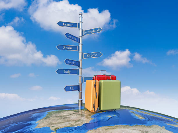 istock Suitcase and sign over the Earth with sky on background 671269776