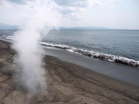 Ibusuki coast, steam rising from the volcanic sand, Kagoshima, Japan