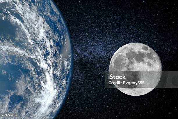 Earth And Moon Size Of Planets View From Space Stock Photo - Download Image Now - Moon, Planet Earth, Globe - Navigational Equipment