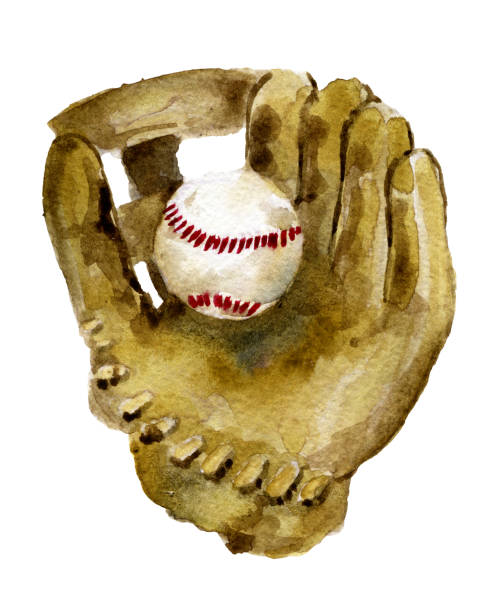 야구 글러브와 공을 흰색 바탕에 수채화 스케치 - baseball pitcher small sports league stock illustrations