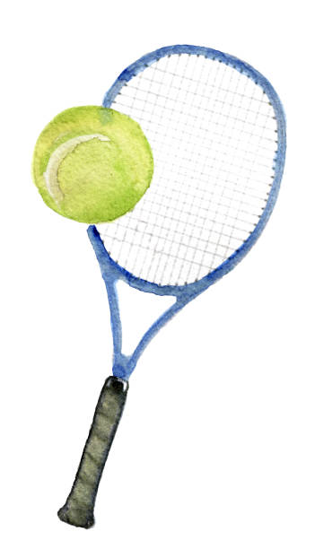 akwarela szkic rakiety tenisowej na białym tle - tennis ball tennis racket tennis vertical stock illustrations