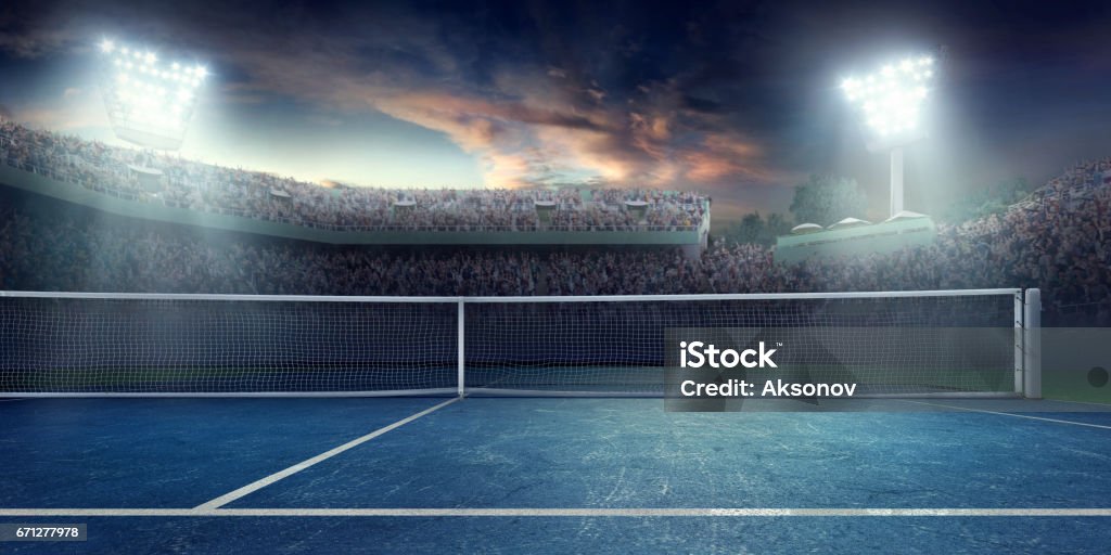 Tennis: Playing court Tennis stadium with crowd on the bleachers. Tennis Stock Photo