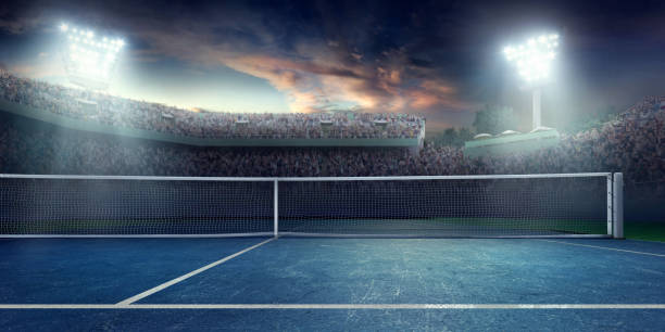 Tennis: Playing court Tennis stadium with crowd on the bleachers. tennis stock pictures, royalty-free photos & images