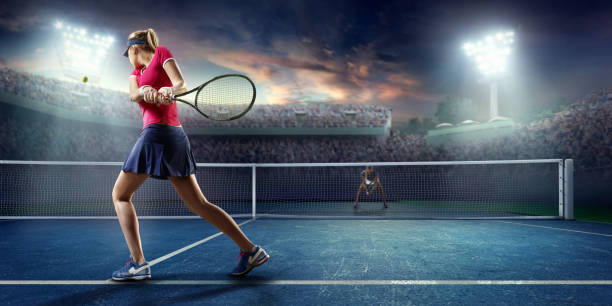 tenis: mujer deportista en acción - torneo de tenis fotografías e imágenes de stock