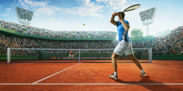 tennis: male sportsman in action - ténis desporto com raqueta imagens e fotografias de stock