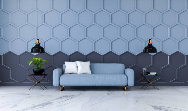 istock Modern room interior, blue fabric sofa on marble flooring and blue with black  Hexagon Mesh wall  /3d render 671281698