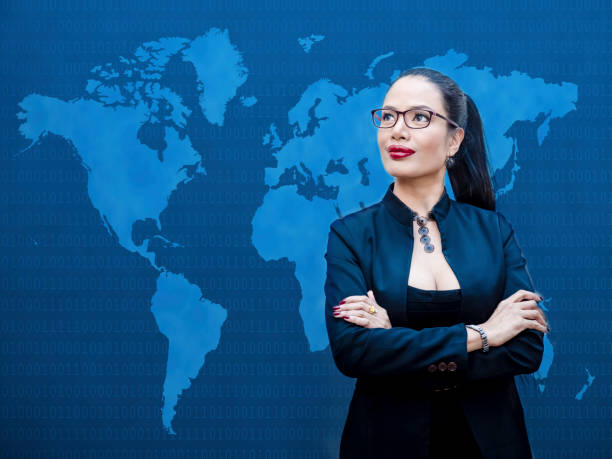 istock Young attractive businesswoman with world map in background - globalization 671282074