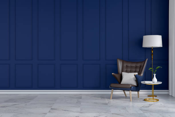 istock luxury modern room interior,blue lounge chair with white lamp on blue wall  /3d render 671287794