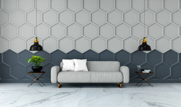 istock Modern room interior,gray fabric sofa on marble flooring and gray with black  Hexagon Mesh wall  /3d render 671287956