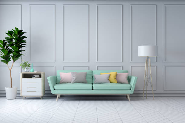 minimalistyczne białe wnętrze pokoju, zielony fotel i roślina na białej ścianie / renderowanie 3d - model3 stock illustrations