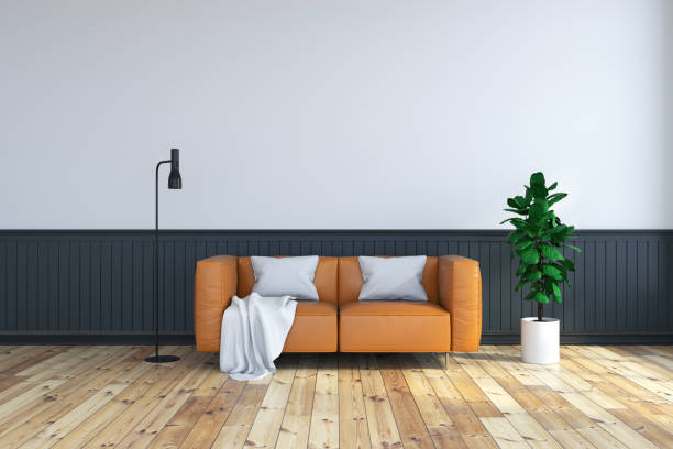 istock vintage  interior room , brown leather sofa  on wood flooring and dark frame wall /3d render 671288120