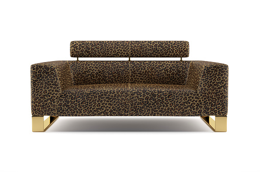 Digitally generated modern leopard pattern sofa isolated on white background.