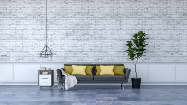 istock Modern loft  interior,black furniture  on marble flooring and  white brick wall /3d render 671290998