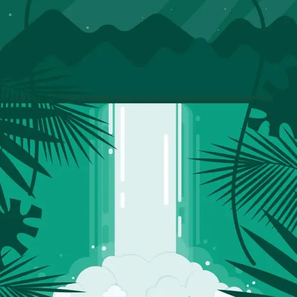 Vector illustration of Vector illustration. A conceptual image of a waterfall in a flat style. Emerald, blue, green tones. Mountains in the background and the night starry sky.In the foreground are tropical plants