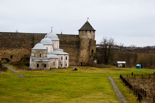 Old white church in the fortress Ivan-City Pskov region