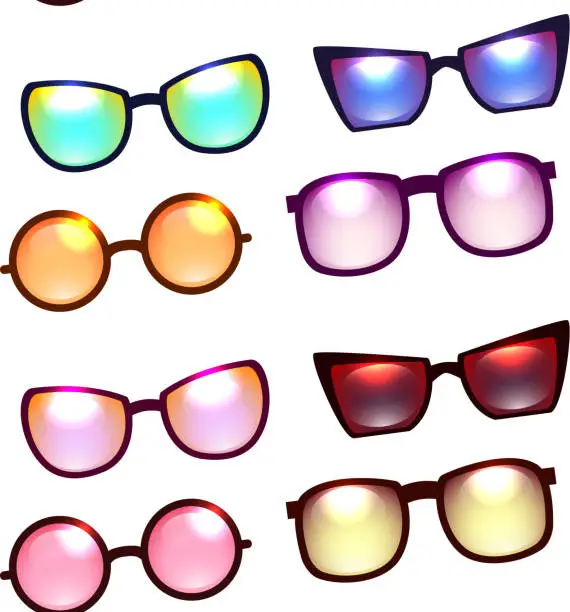 Vector illustration of Seamless texture with various sunglasses on a white background.