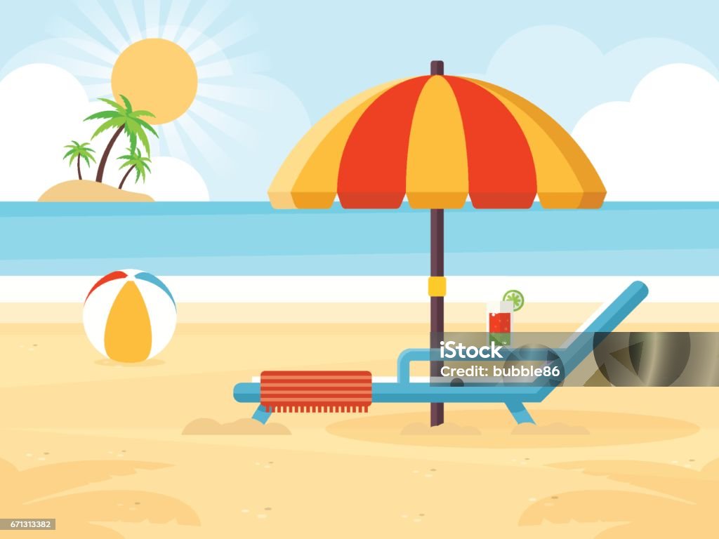 Beach Landscape Beach landscape with beach umbrella, beach chair, cocktail and a ball. Flat design style. Outdoor Chair stock vector