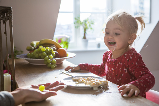 A young girl sat at a kitchen table being offered a grape by her mother.