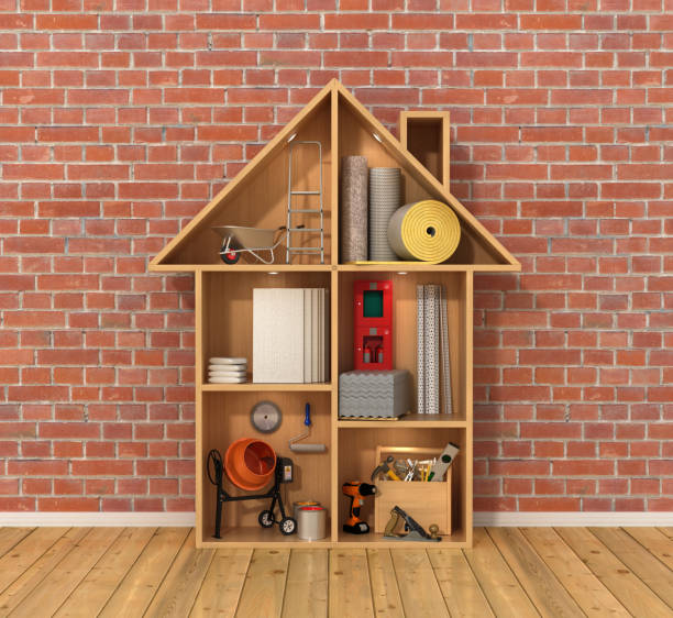 istock concept of the construction. Building materials and tools in a Doll house. 3D illustration 671314340