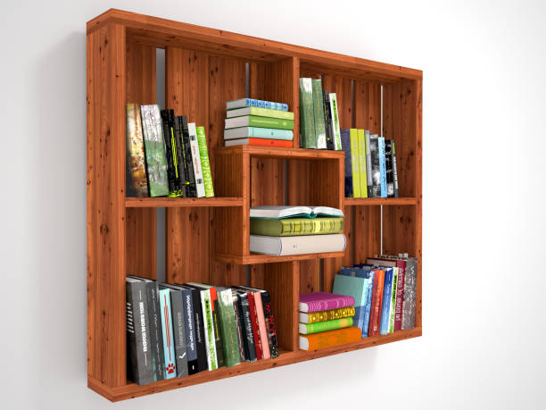 istock Wooden open shelves with books. 3d illustration 671314460